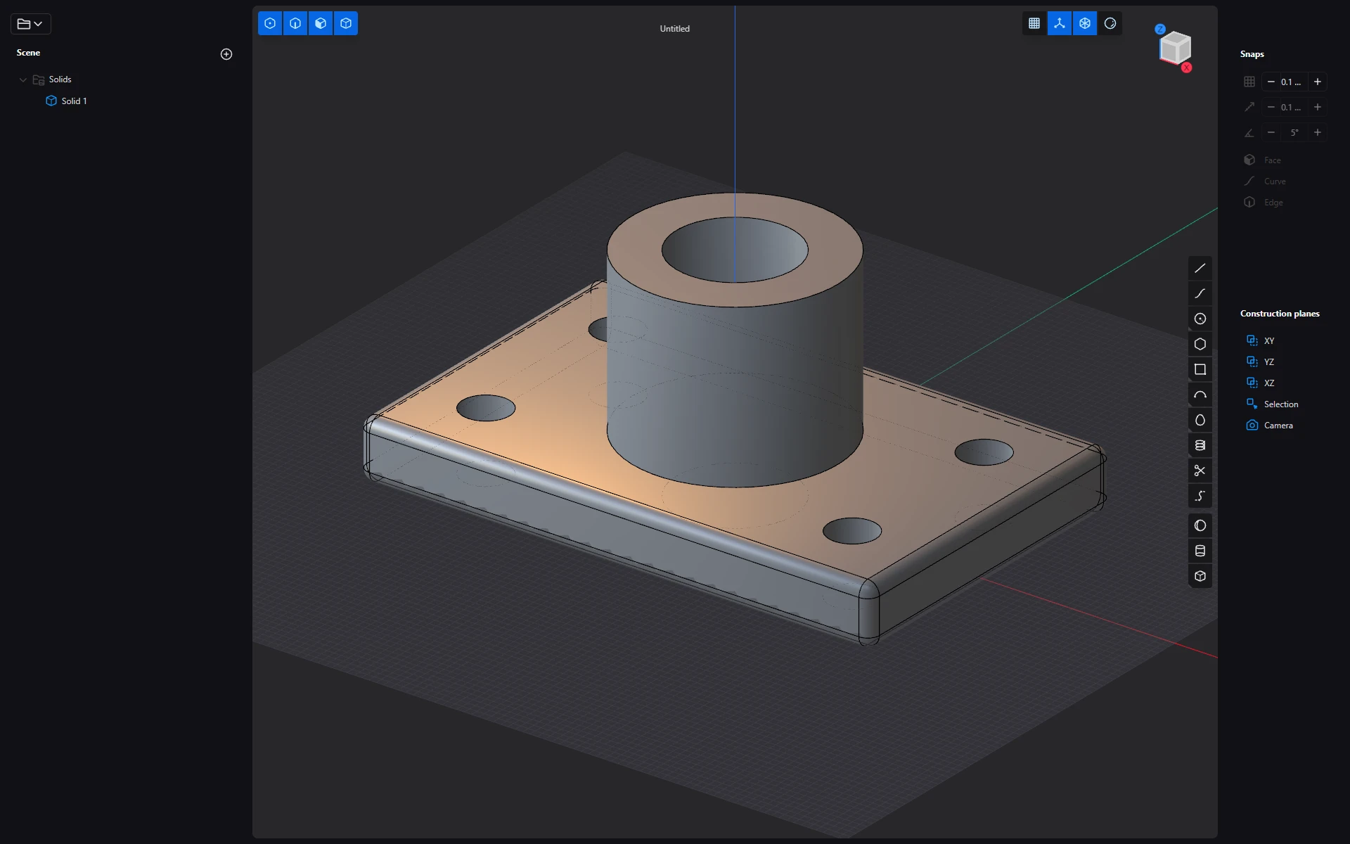 Solidify with a mounting plate on screen: a rounded plate with four bolt holes and a bored boss, with the scene list on the left and the drawing tools on the right.